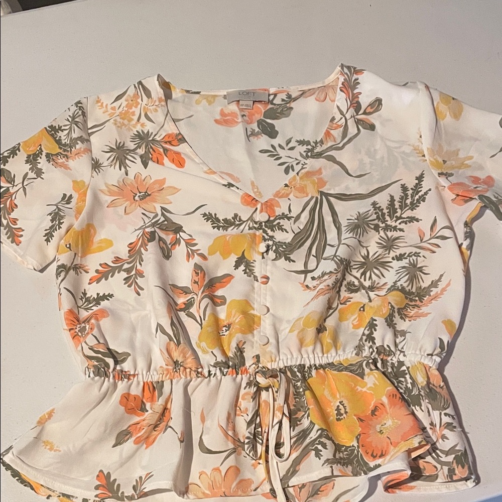 LOFT White Floral Tie-Waist Peplum Top - Yellow & Peach Print